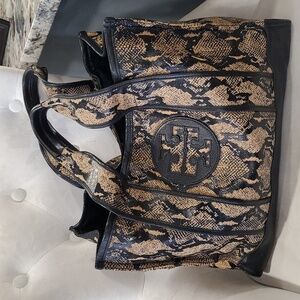 Tory burch snakeskin print leather large brown black  tote  purse bag